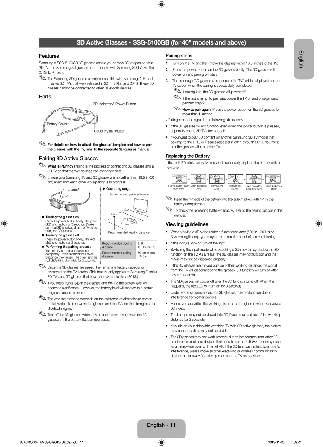 Samsung UE50F6100AWXXC 3D Active Glasses SSG-5100GB for 40 models and above, Pairing 3D Active Glasses, Viewing guidelines 