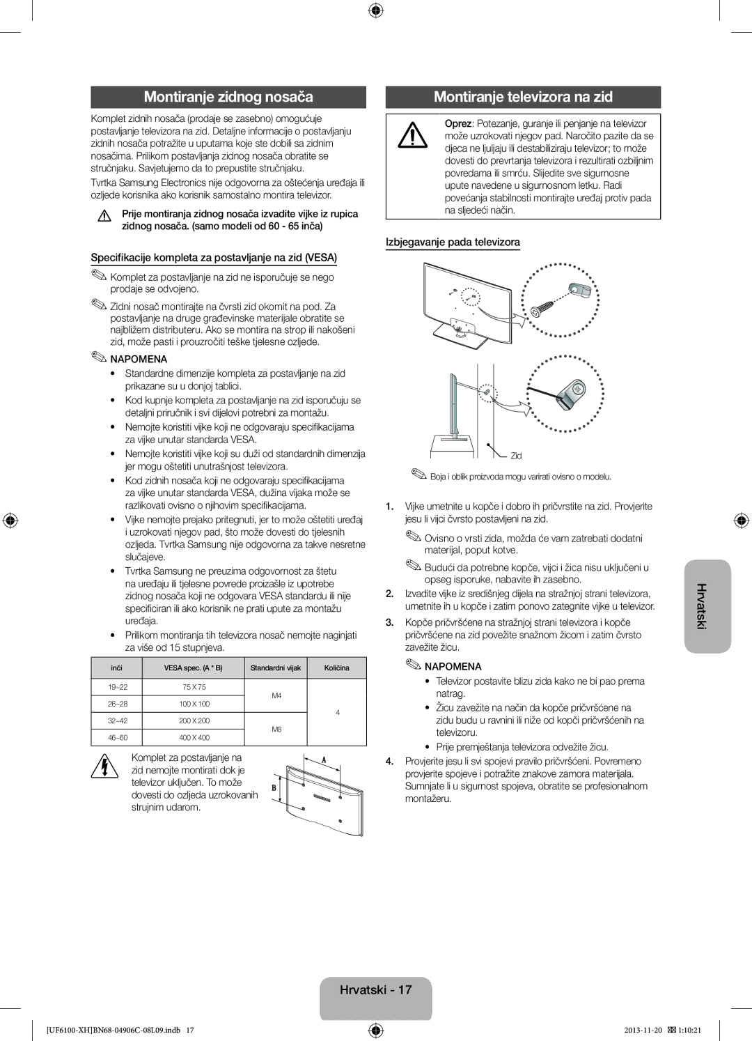 Samsung UE40F6100AWXXC manual Montiranje zidnog nosača, Montiranje televizora na zid, Izbjegavanje pada televizora 