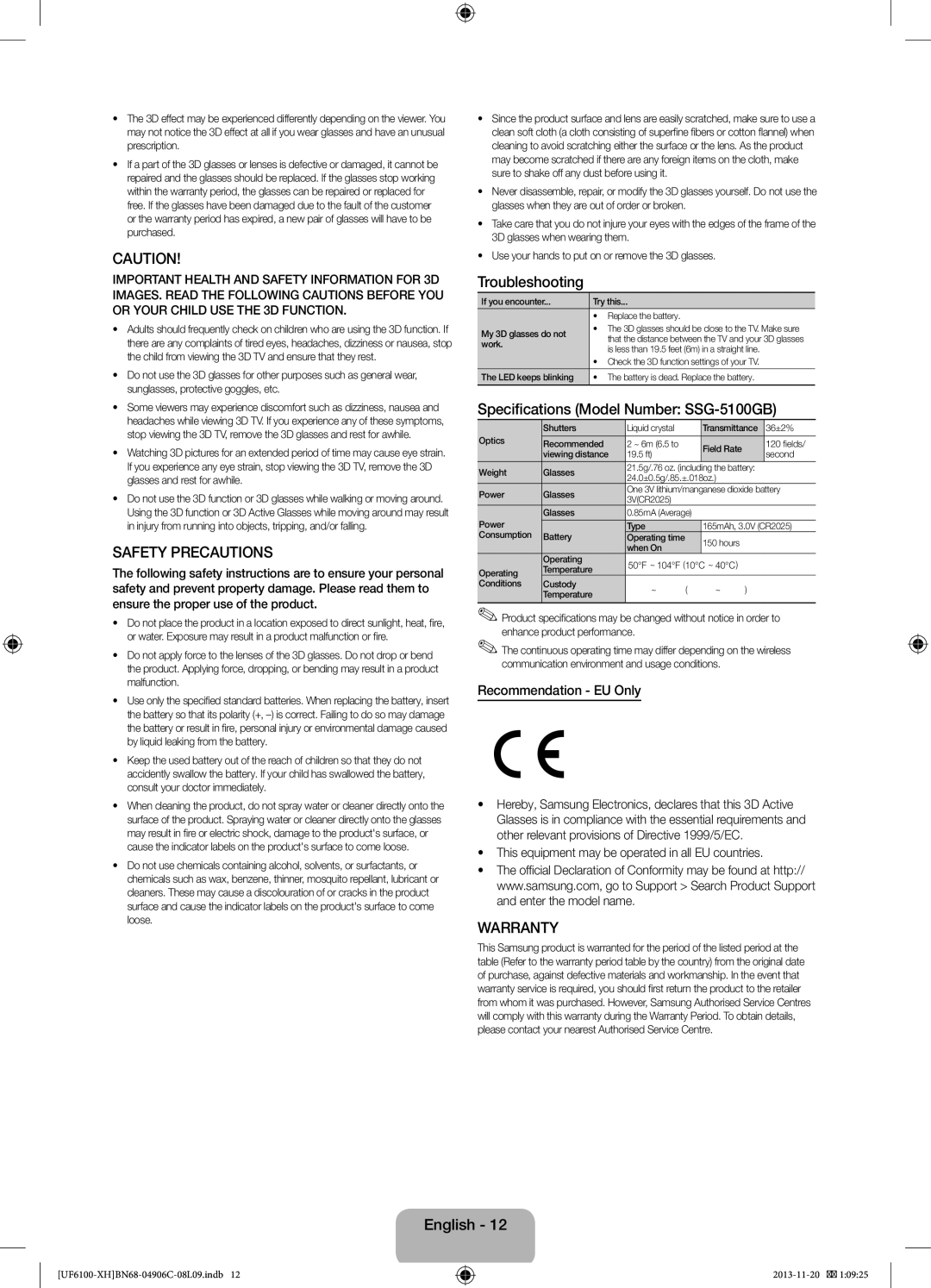 Samsung UE60F6100AWXXC manual Safety Precautions, Troubleshooting, Specifications Model Number SSG-5100GB, Warranty 