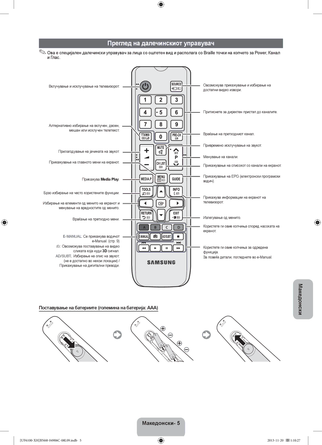 Samsung UE46F6100AWXXC Преглед на далечинскиот управувач, Поставување на батериите големина на батерија AAA, Manual. стр 