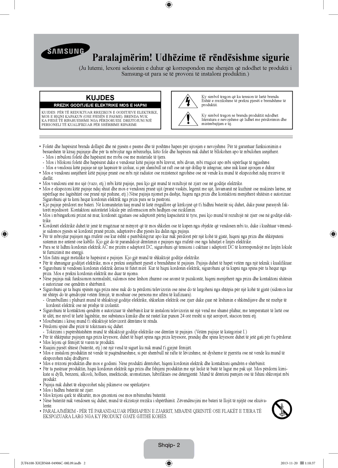 Samsung UE46F6100AWXXH, UE32F6100AWXXH, UE40F6100AWXXH, UE40F6100AWXXC Paralajmërim! Udhëzime të rëndësishme sigurie, Shqip 