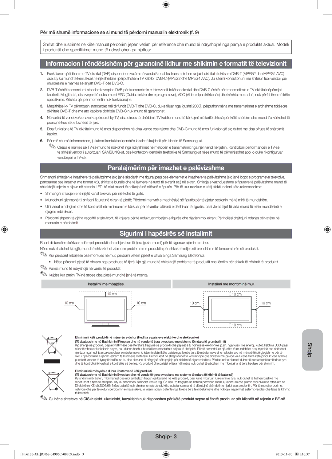 Samsung UE32F6100AWXZF, UE32F6100AWXXH manual Paralajmërim për imazhet e palëvizshme, Sigurimi i hapësirës së instalimit 