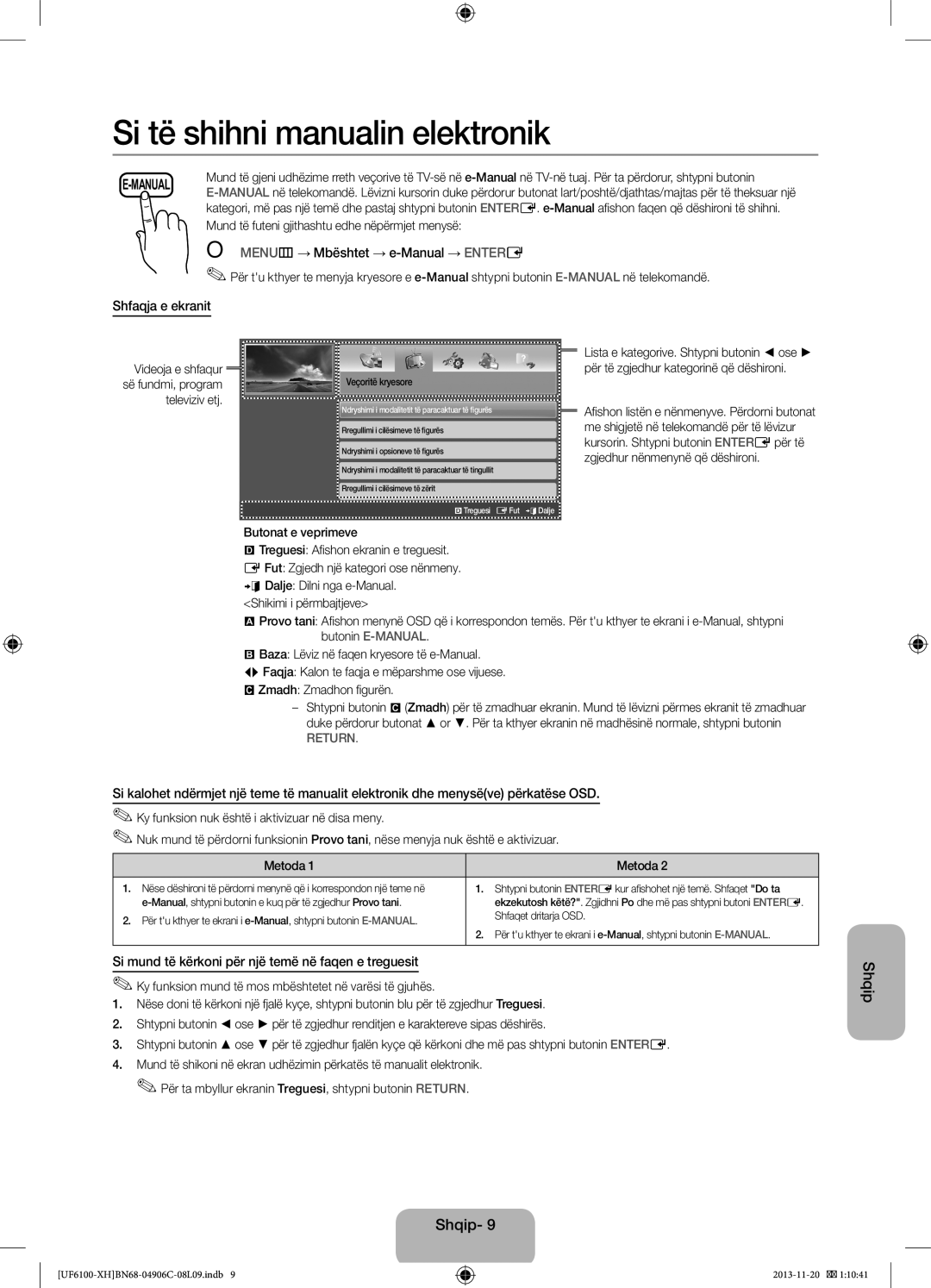 Samsung UE50F6100AWXXC, UE32F6100AWXXH manual Menu m→ Mbështet → e-Manual → Enter E, Shfaqja e ekranit, Butonat e veprimeve 