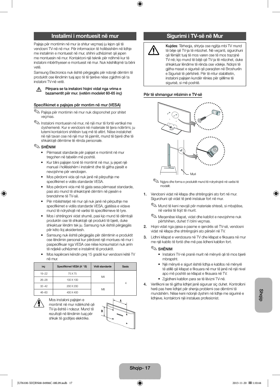 Samsung UE40F6100AWXBT manual Instalimi i montuesit në mur, Sigurimi i TV-së në Mur, Për të shmangur rrëzimin e TV-së 