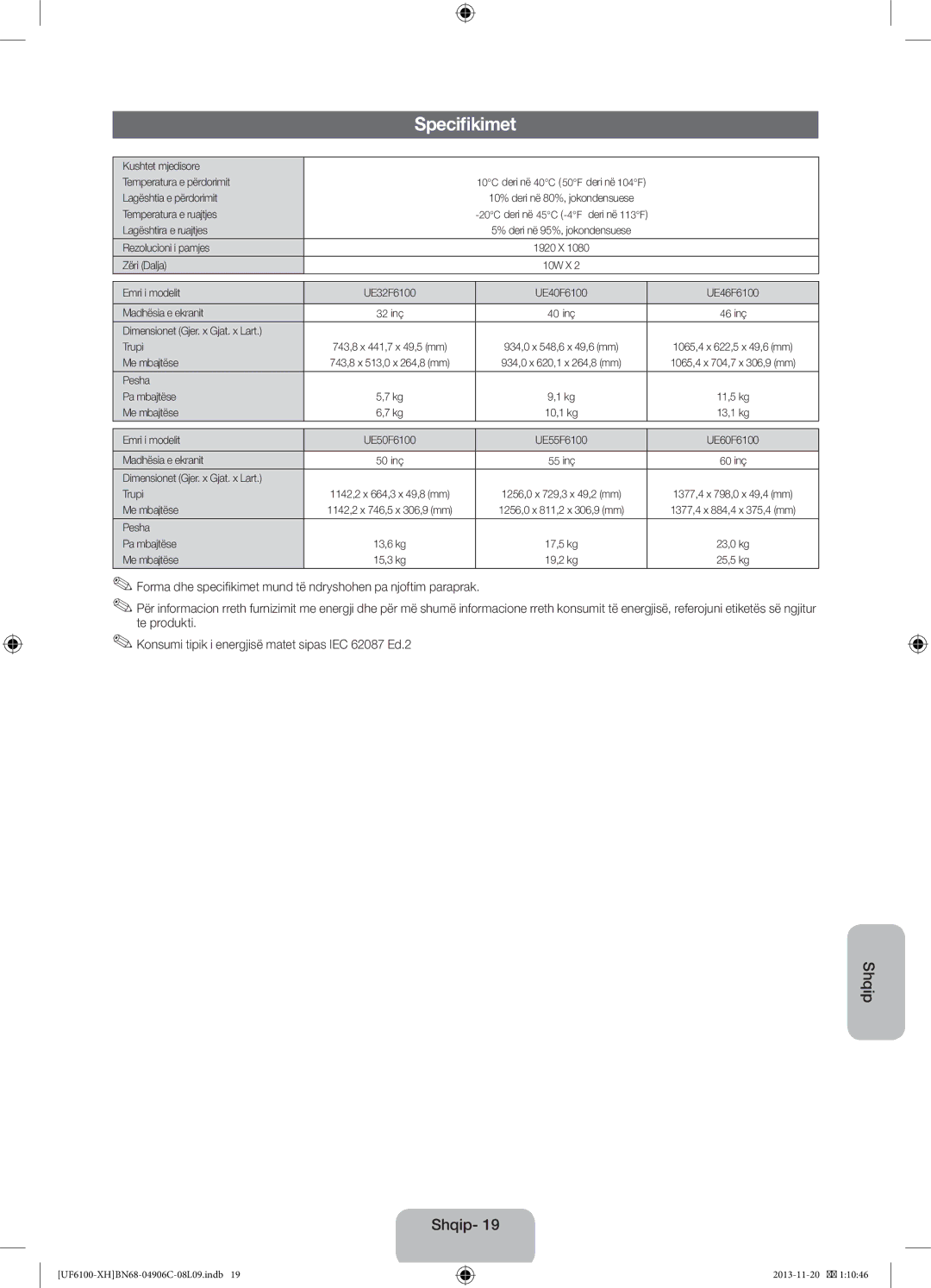 Samsung UE46F6100AWXXN, UE32F6100AWXXH, UE40F6100AWXXH, UE40F6100AWXXC, UE50F6100AWXXH, UE46F6100AWXXH manual Specifikimet 