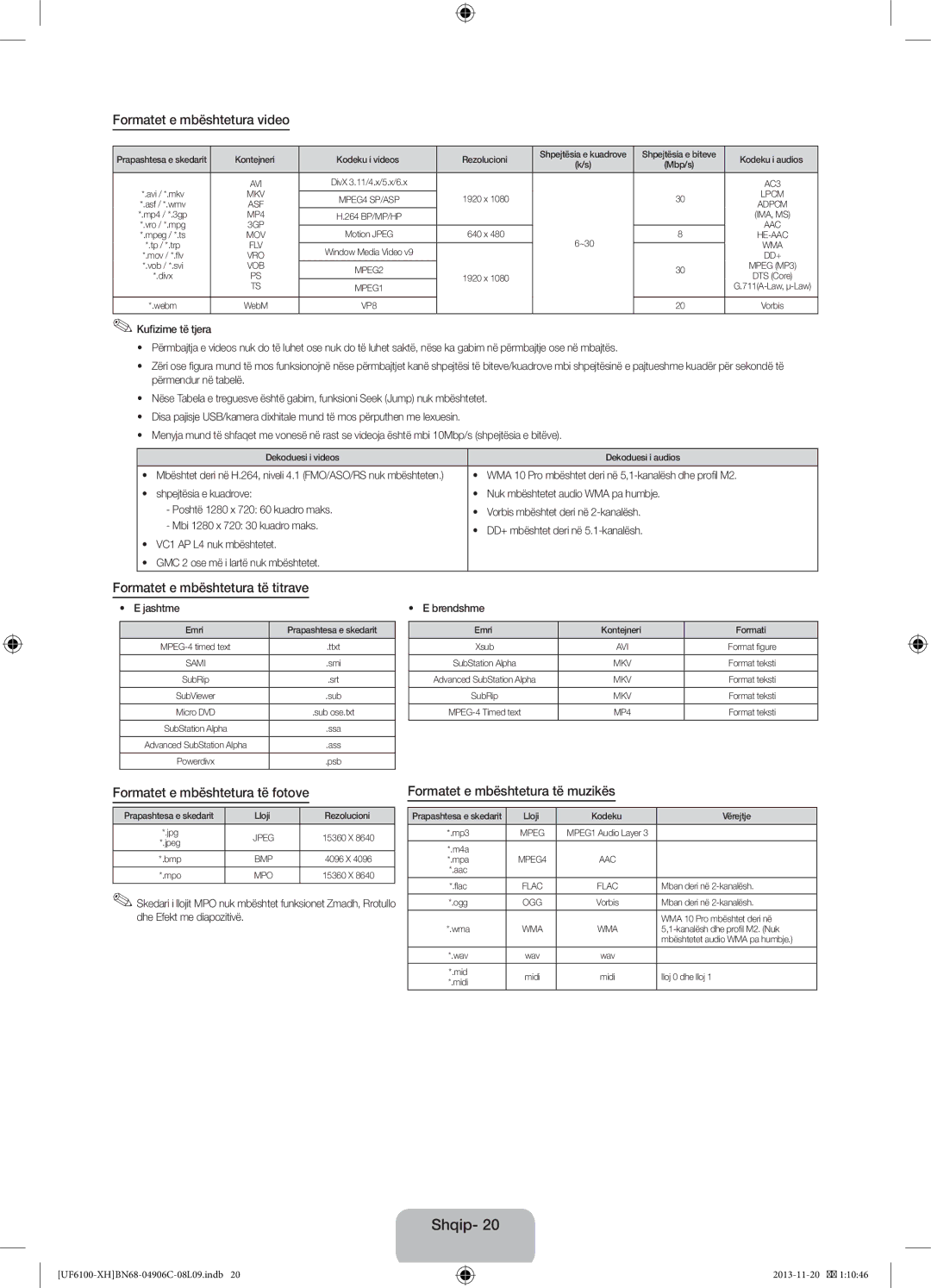 Samsung UE40F6100AWXXN Formatet e mbështetura video, Formatet e mbështetura të titrave, Formatet e mbështetura të fotove 