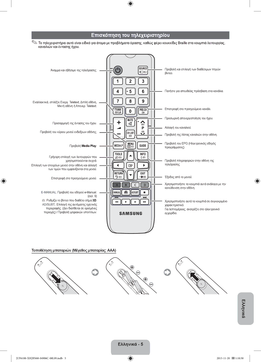 Samsung UE46F6100AWXXH, UE32F6100AWXXH manual Επισκόπηση του τηλεχειριστηρίου, Τοποθέτηση μπαταριών Μέγεθος μπαταρίας AAA 