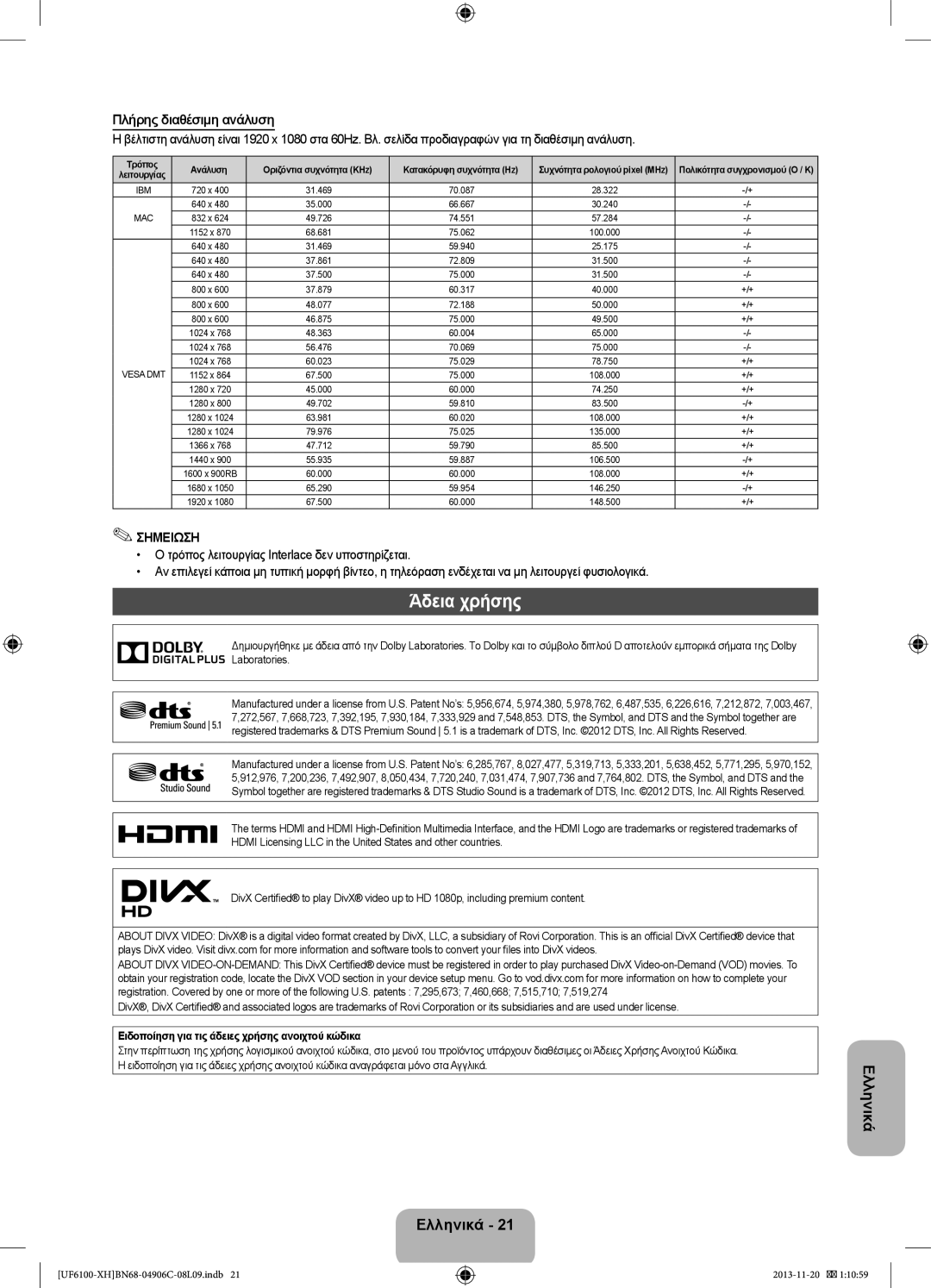 Samsung UE46F6100AWXBT manual Άδεια χρήσης, Πλήρης διαθέσιμη ανάλυση, Ειδοποίηση για τις άδειες χρήσης ανοιχτού κώδικα 