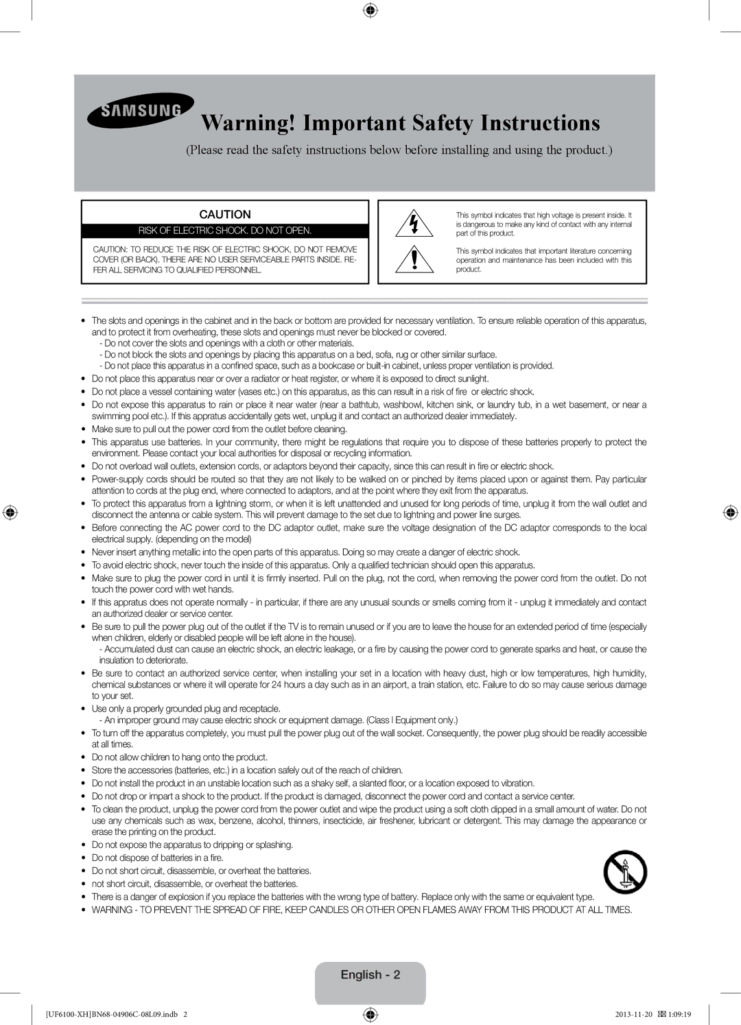 Samsung UE40F6100AWXXC, UE32F6100AWXXH, UE40F6100AWXXH, UE50F6100AWXXH manual English, Risk of Electric SHOCK. do not Open 