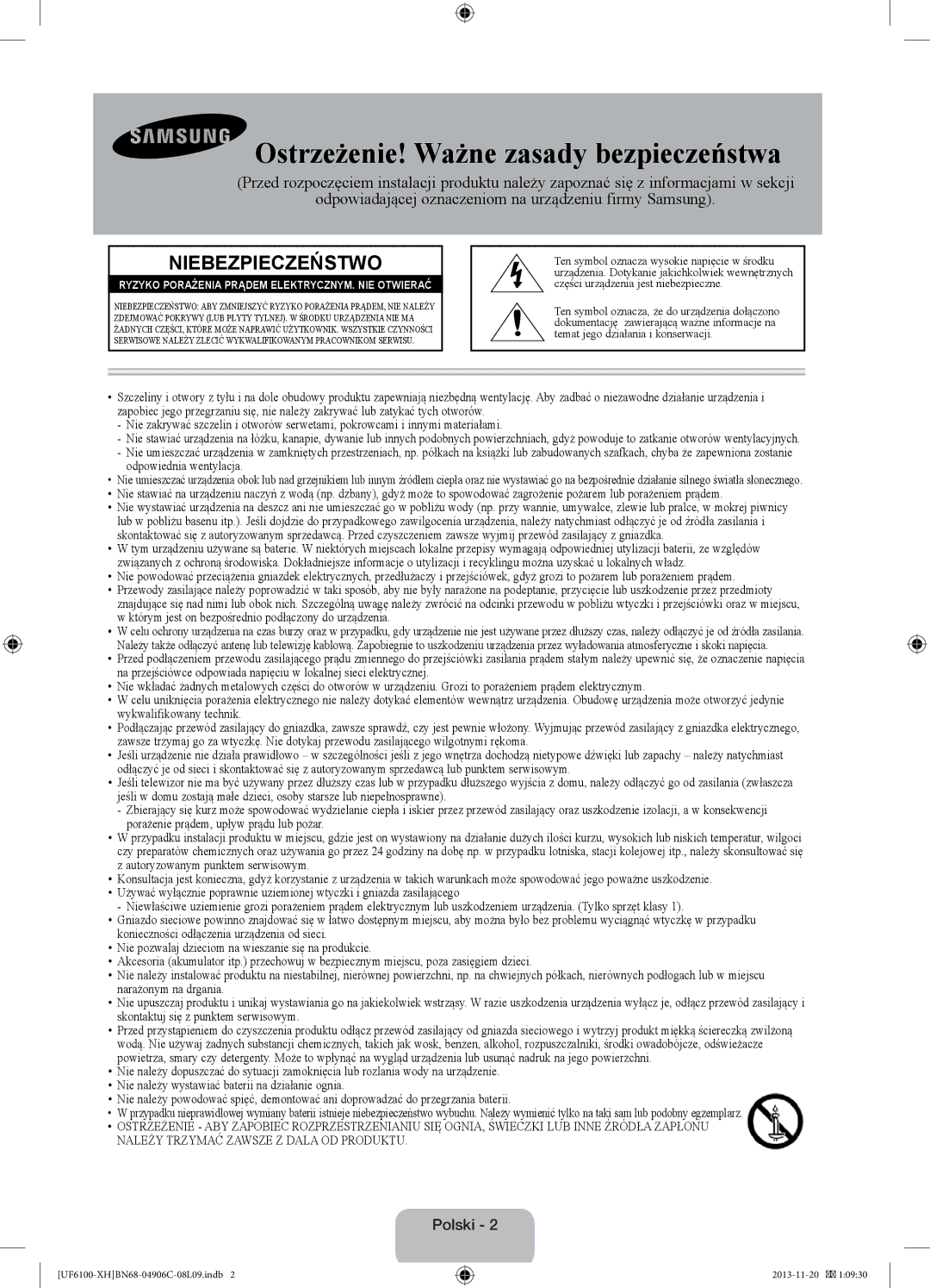 Samsung UE40F6100AWXXN, UE32F6100AWXXH, UE40F6100AWXXH, UE40F6100AWXXC manual Ostrzeżenie! Ważne zasady bezpieczeństwa, Polski 