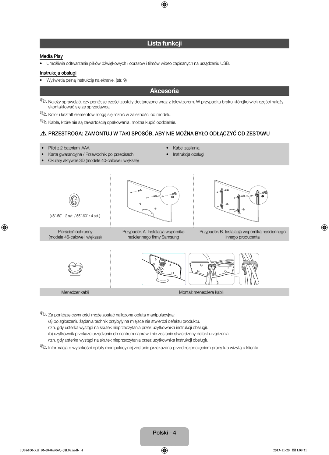 Samsung UE40F6100AWXXH, UE32F6100AWXXH, UE40F6100AWXXC, UE50F6100AWXXH manual Lista funkcji, Akcesoria, Instrukcja obsługi 