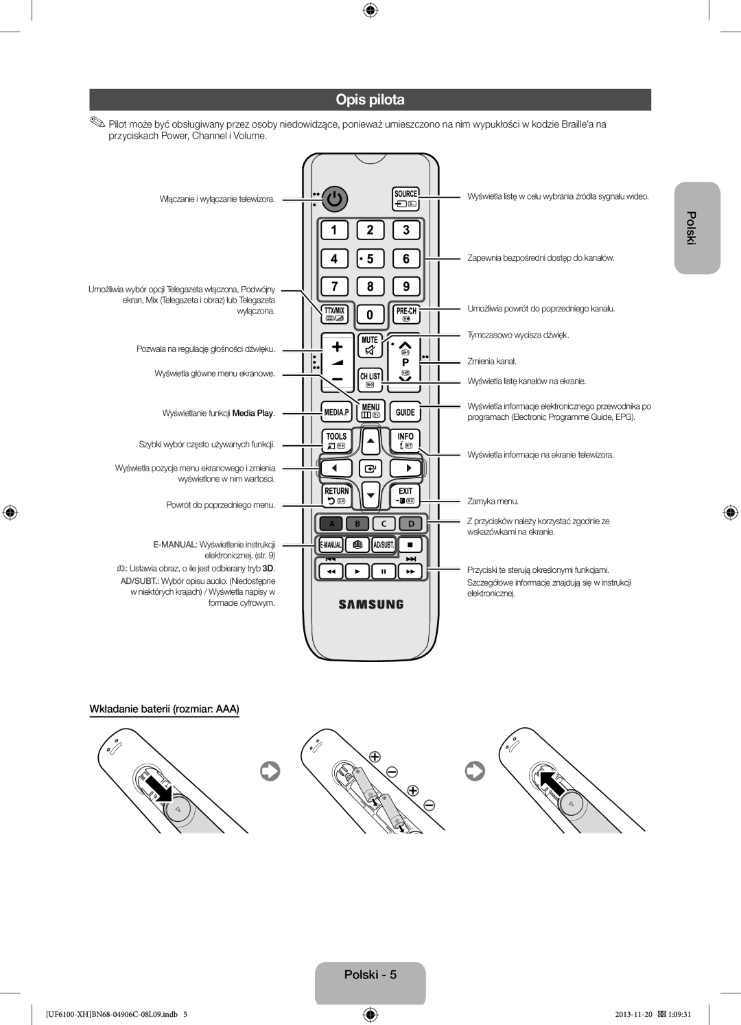 Samsung UE40F6100AWXXC, UE32F6100AWXXH, UE40F6100AWXXH, UE50F6100AWXXH Opis pilota, Polski, Wkładanie baterii rozmiar AAA 