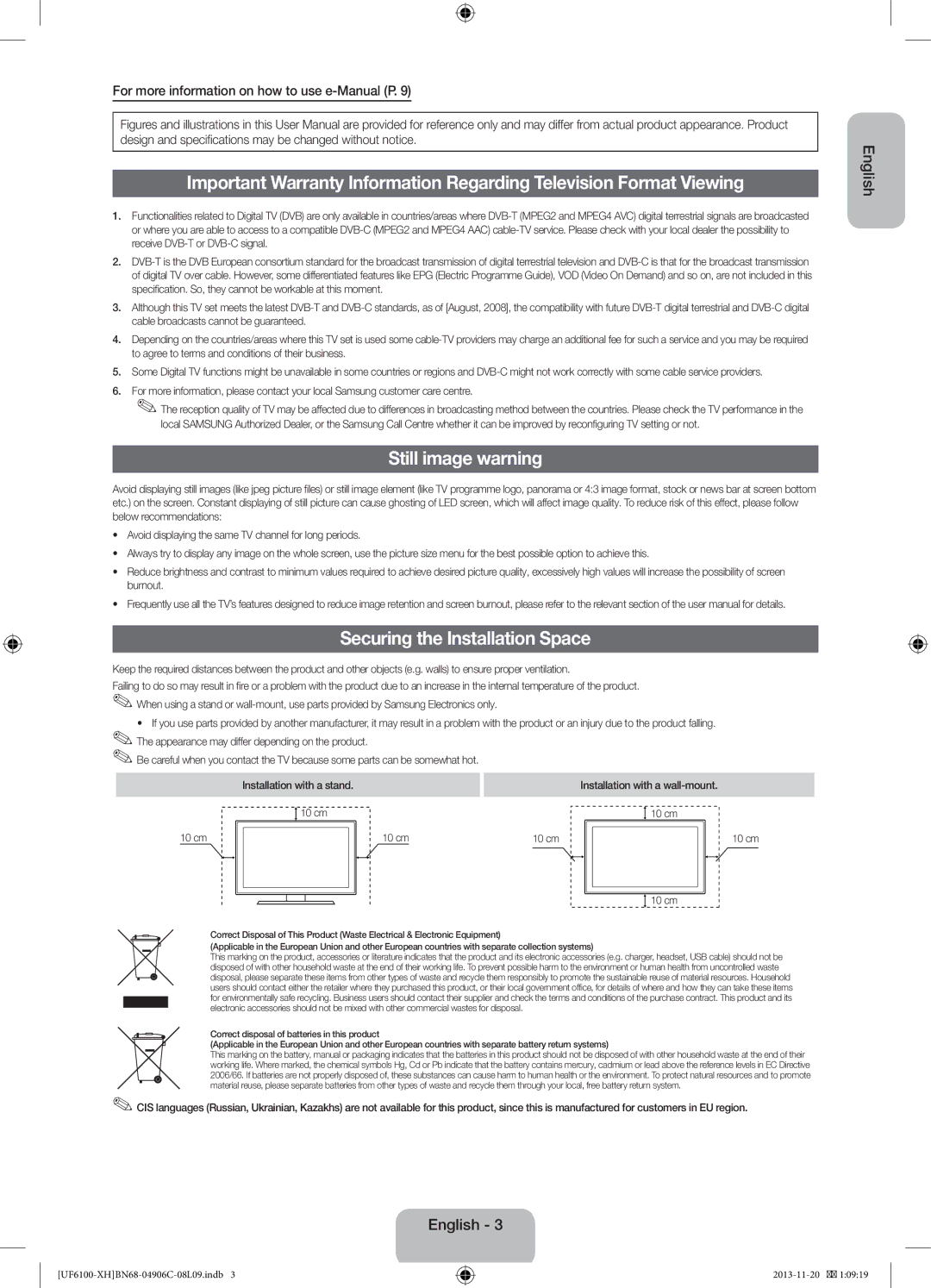 Samsung UE50F6100AWXXH Still image warning, Securing the Installation Space, For more information on how to use e-Manual P 