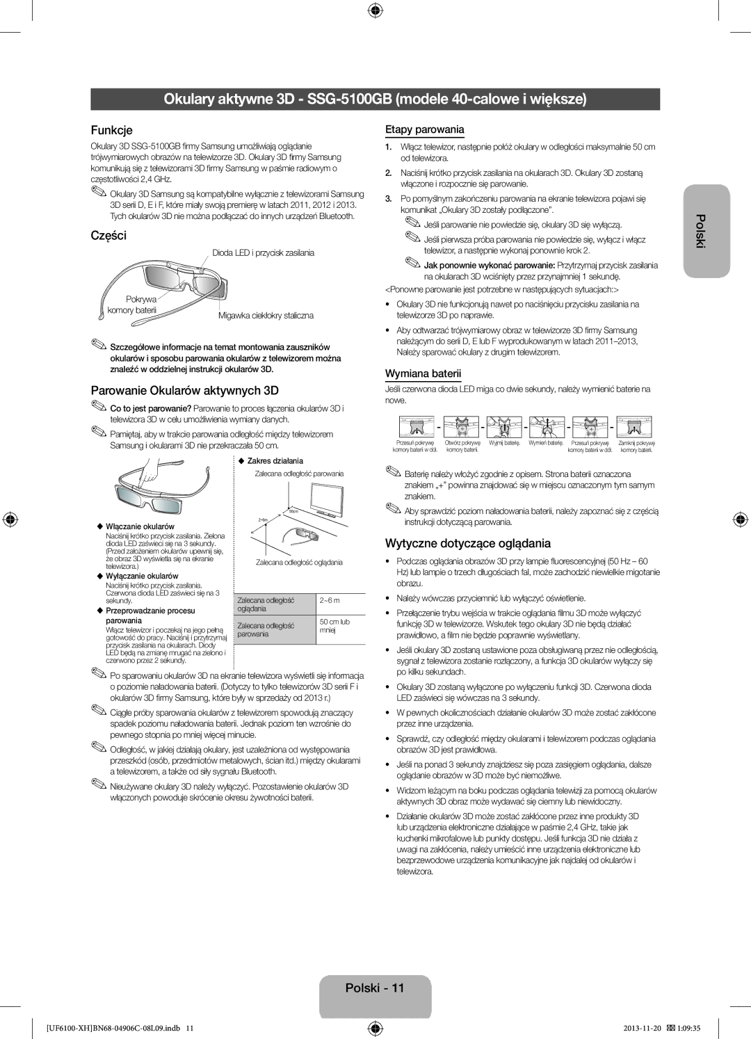 Samsung UE46F6100AWXZF, UE32F6100AWXXH manual Okulary aktywne 3D SSG-5100GB modele 40-calowe i większe, Funkcje, Części 