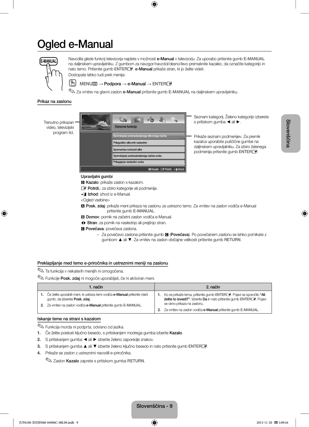 Samsung UE50F6100AWXXH manual OO MENUm→ Podpora → e-Manual → Entere, Prikaz na zaslonu, Iskanje teme na strani s kazalom 