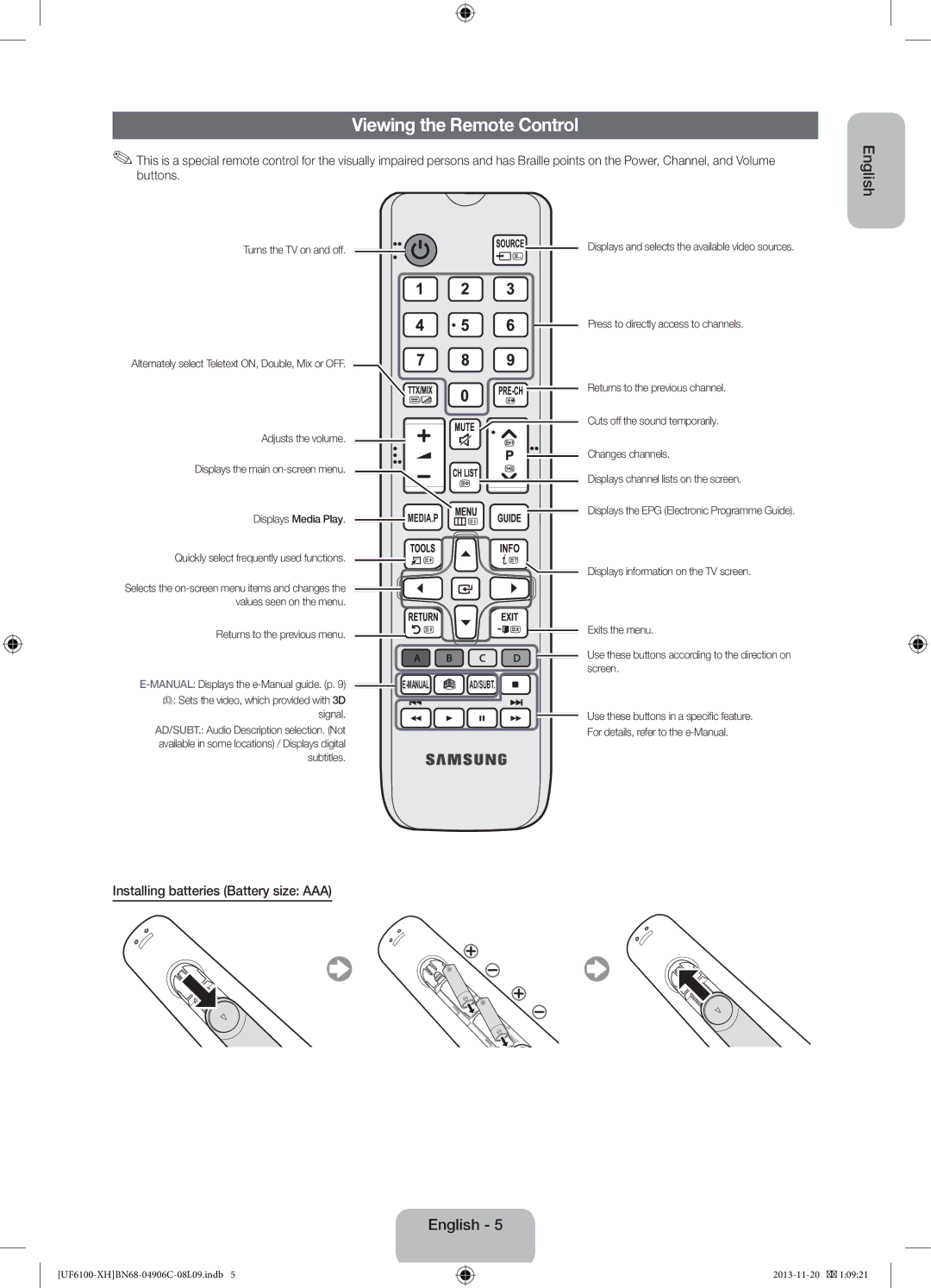 Samsung UE32F6100AWXZF, UE32F6100AWXXH, UE40F6100AWXXH Viewing the Remote Control, Installing batteries Battery size AAA 