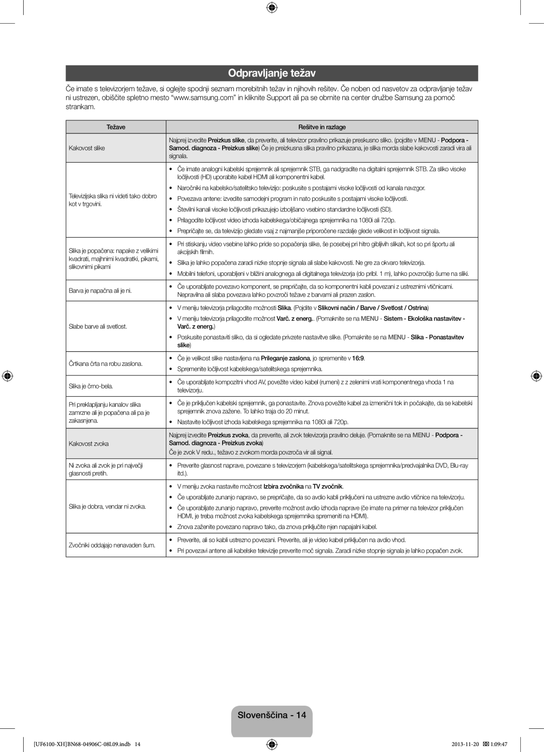 Samsung UE46F6100AWXZF, UE32F6100AWXXH, UE40F6100AWXXH, UE40F6100AWXXC, UE50F6100AWXXH, UE46F6100AWXXH manual Odpravljanje težav 