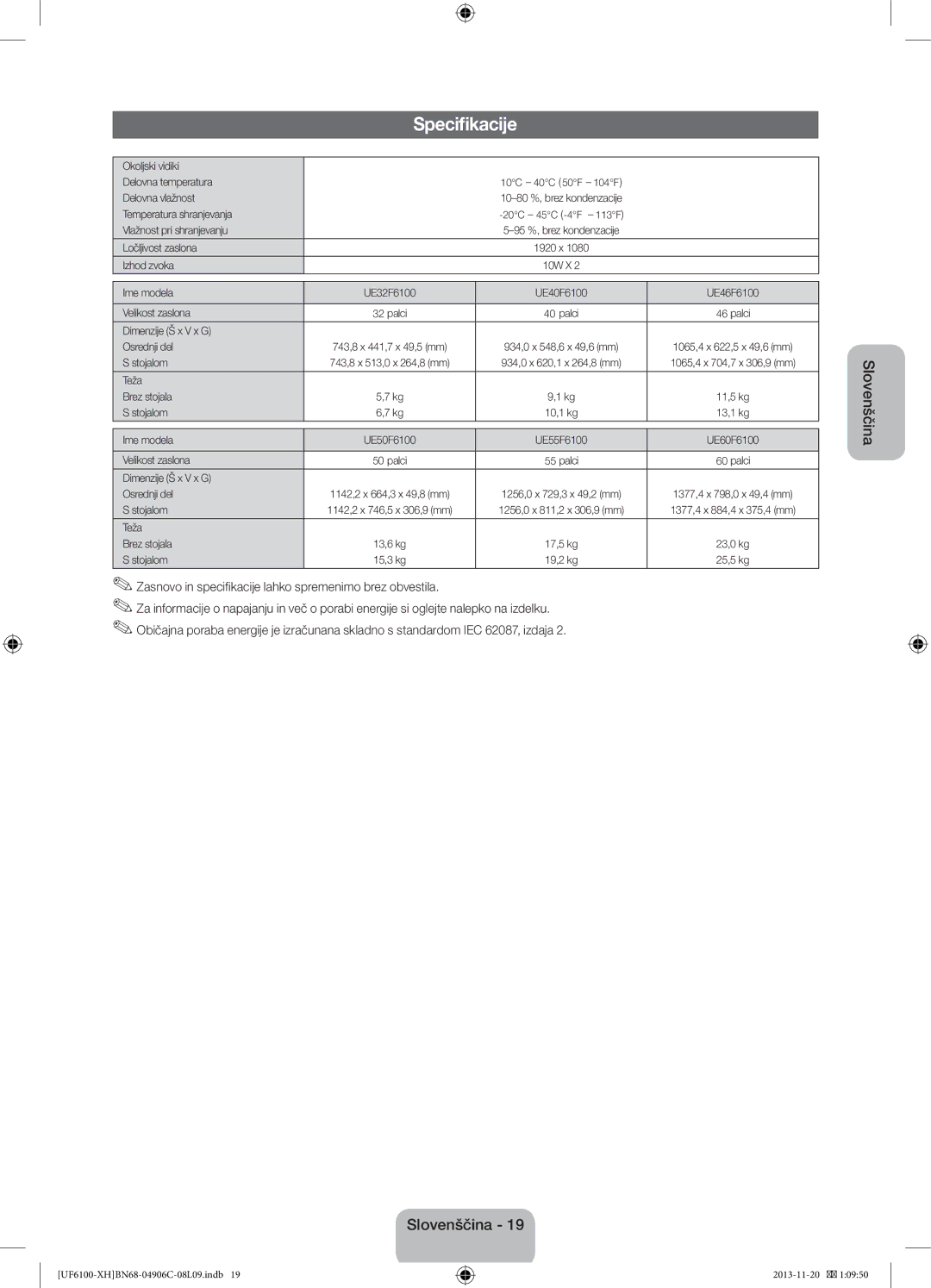 Samsung UE60F6100AWXXH, UE32F6100AWXXH manual Specifikacije, Zasnovo in specifikacije lahko spremenimo brez obvestila 