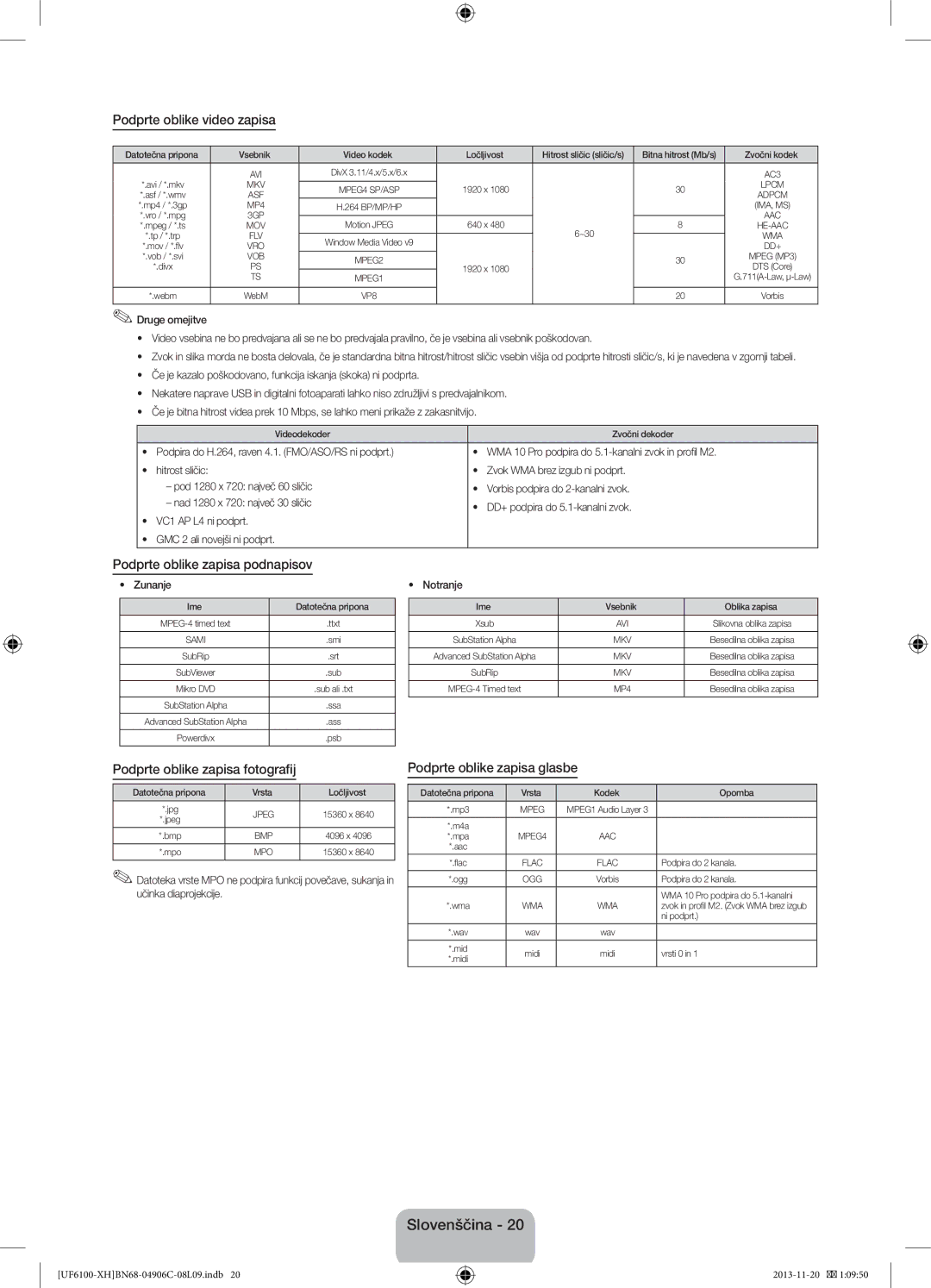 Samsung UE32F6100AWXXC Podprte oblike video zapisa, Podprte oblike zapisa podnapisov, Podprte oblike zapisa fotografij 