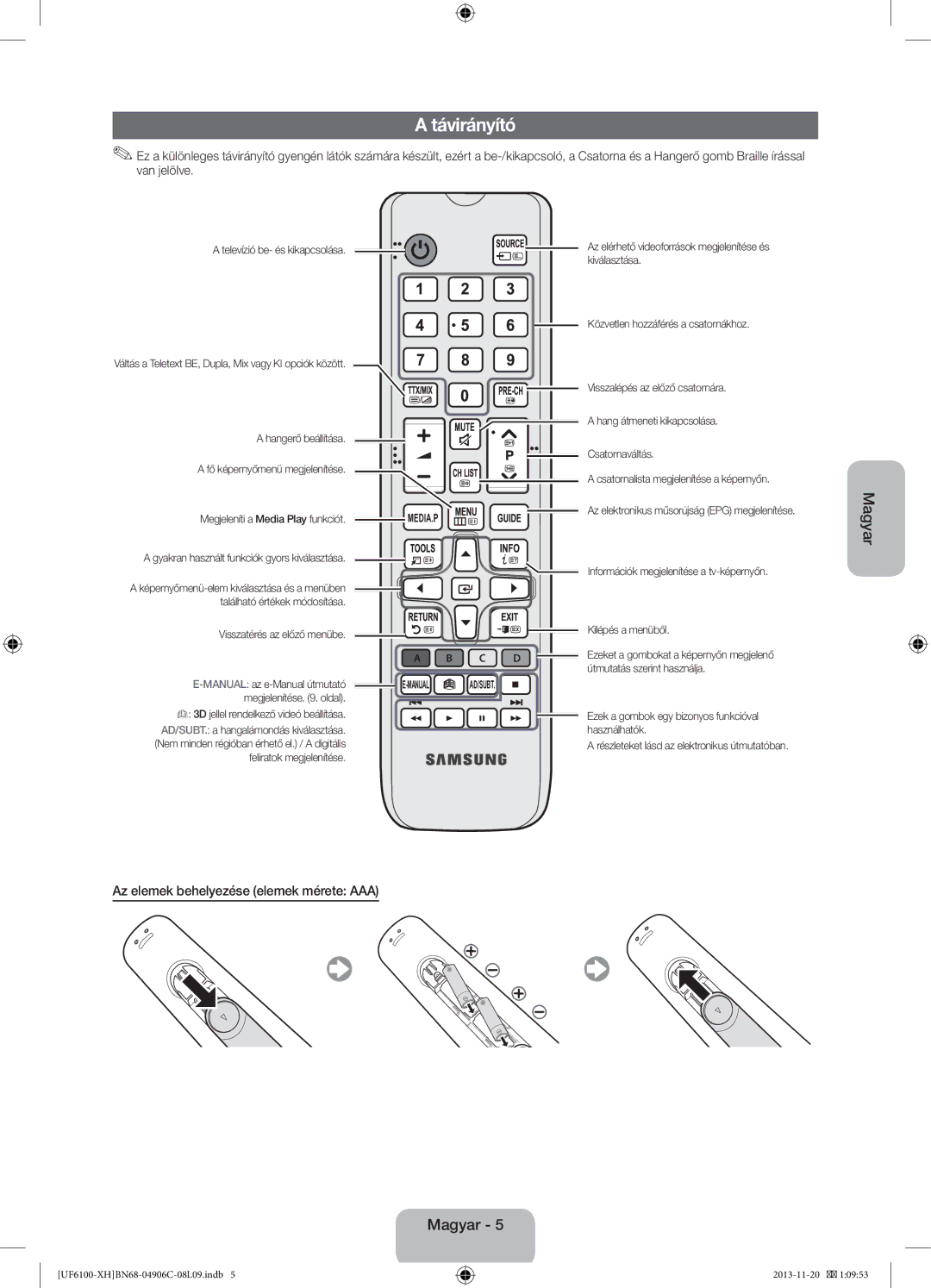 Samsung UE40F6100AWXBT, UE32F6100AWXXH, UE40F6100AWXXH, UE40F6100AWXXC Távirányító, Az elemek behelyezése elemek mérete AAA 