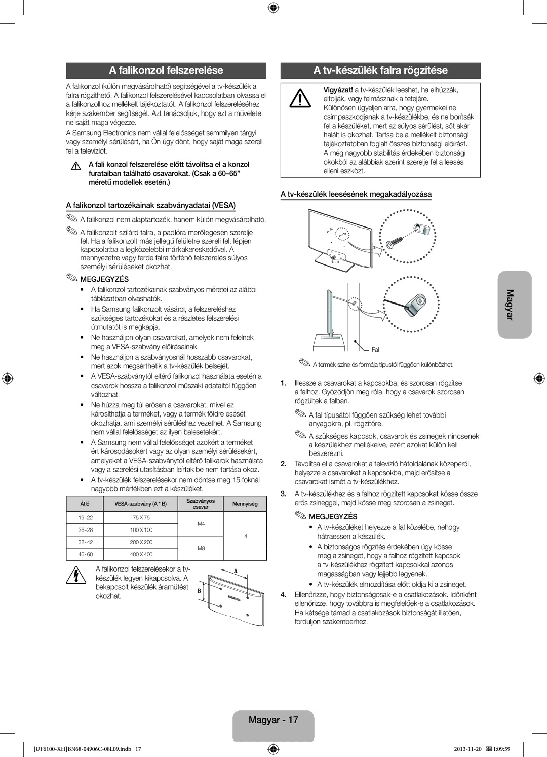 Samsung UE46F6100AWXZF Falikonzol felszerelése, Tv-készülék falra rögzítése, Falikonzol tartozékainak szabványadatai Vesa 