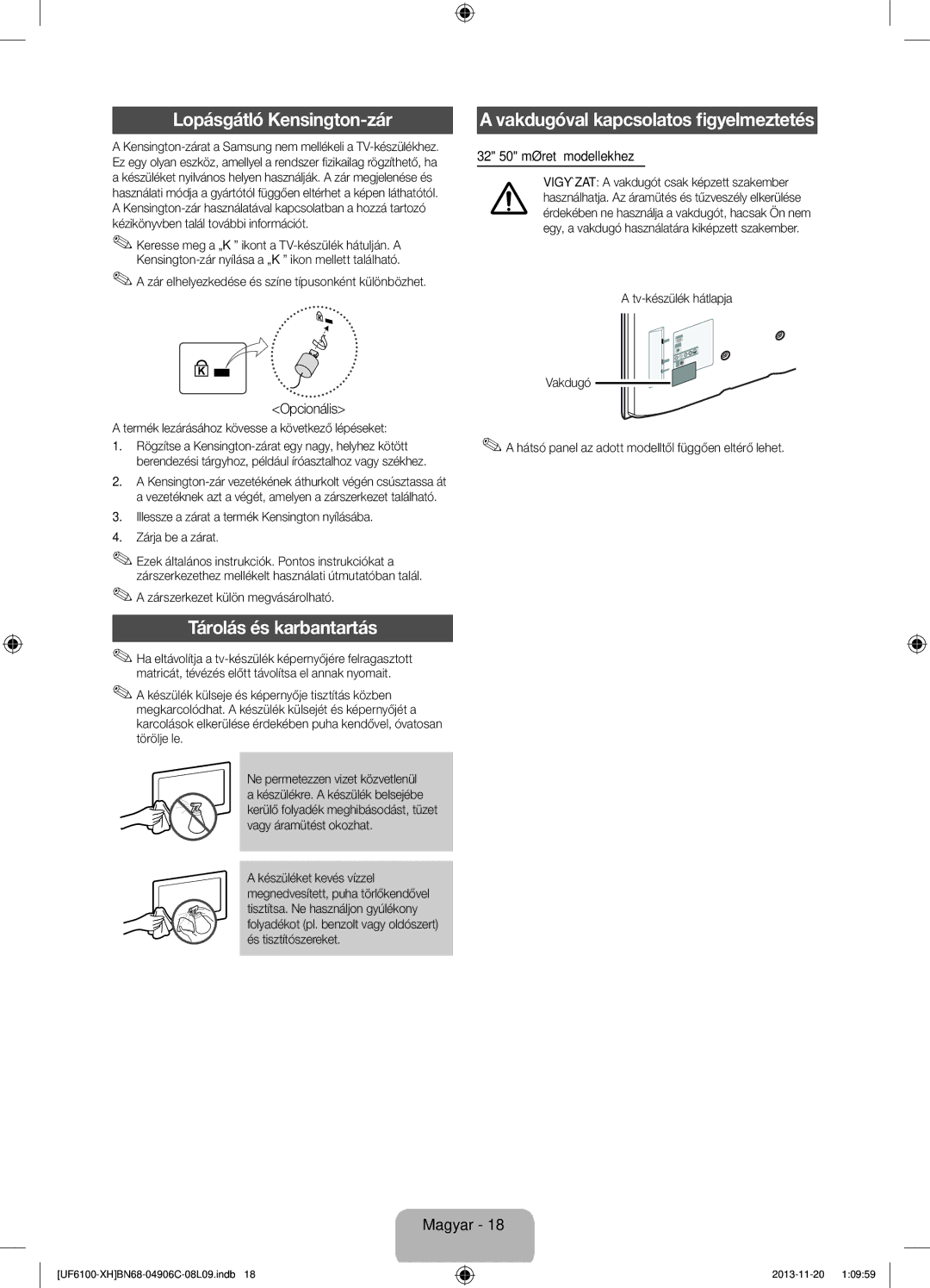 Samsung UE55F6100AWXXH manual Lopásgátló Kensington-zár, Tárolás és karbantartás, Vakdugóval kapcsolatos figyelmeztetés 