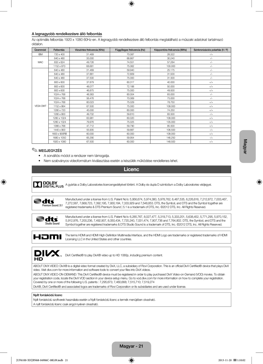 Samsung UE60F6100AWXXC, UE32F6100AWXXH, UE40F6100AWXXH, UE40F6100AWXXC manual Licenc, Legnagyobb rendelkezésre álló felbontás 