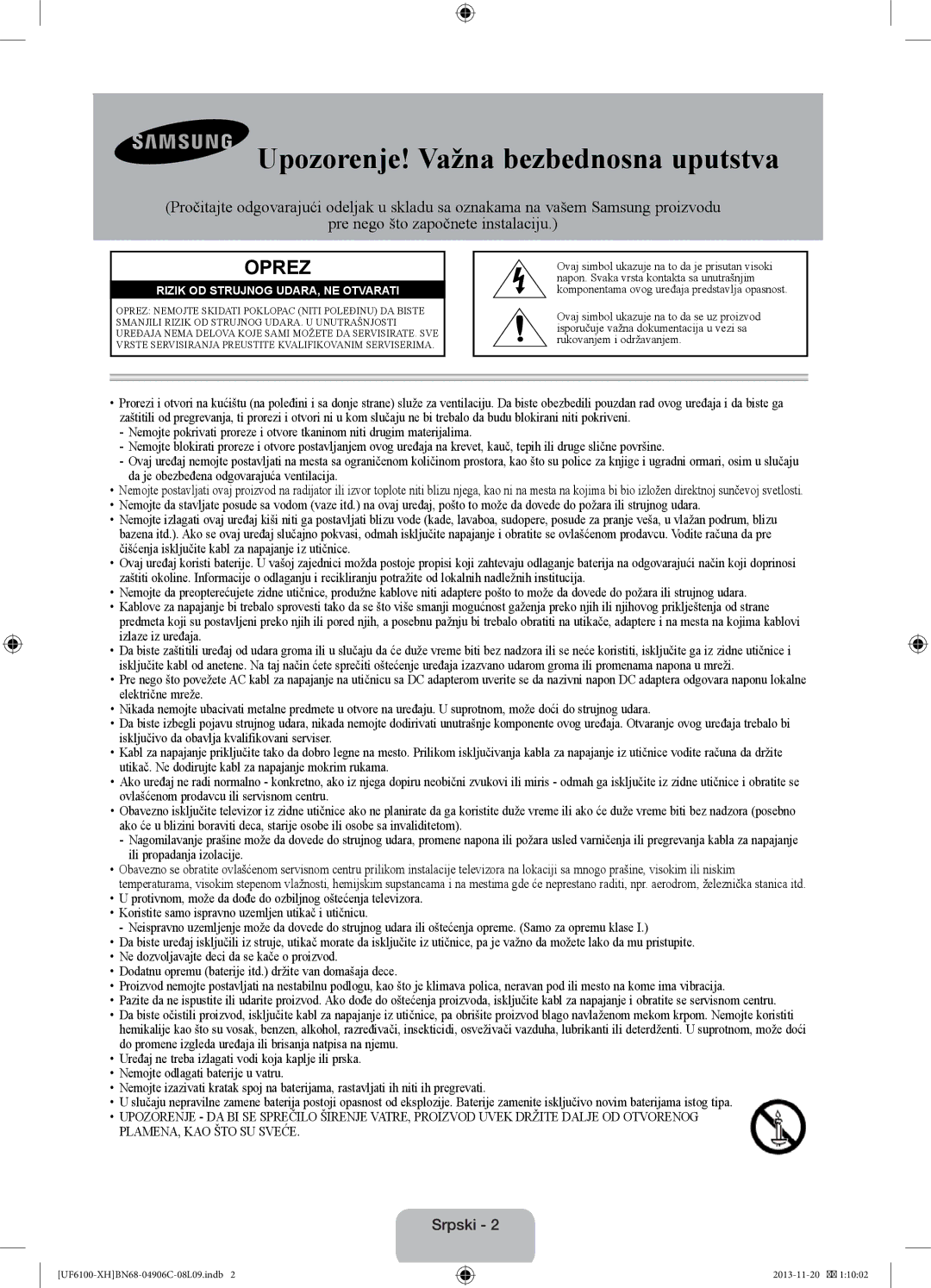 Samsung UE60F6100AWXXH, UE32F6100AWXXH, UE40F6100AWXXH, UE40F6100AWXXC manual Upozorenje! Važna bezbednosna uputstva, Srpski 