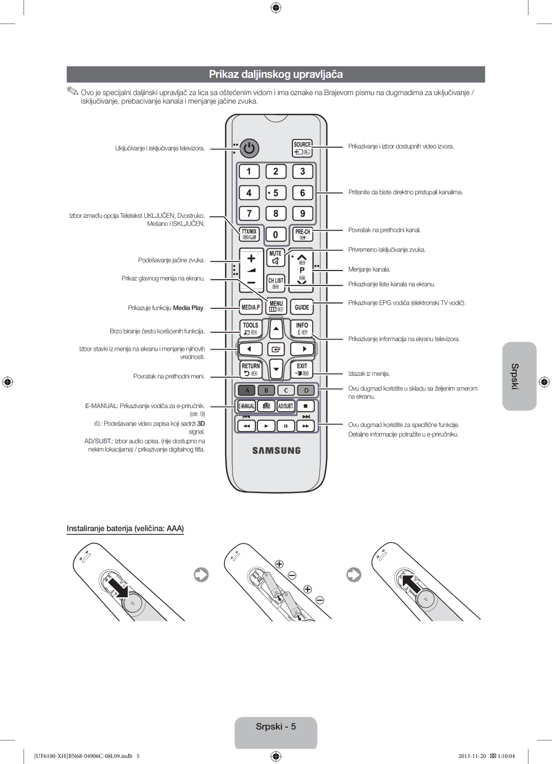 Samsung UE60F6100AWXBT, UE32F6100AWXXH, UE40F6100AWXXH Prikaz daljinskog upravljača, Instaliranje baterija veličina AAA 