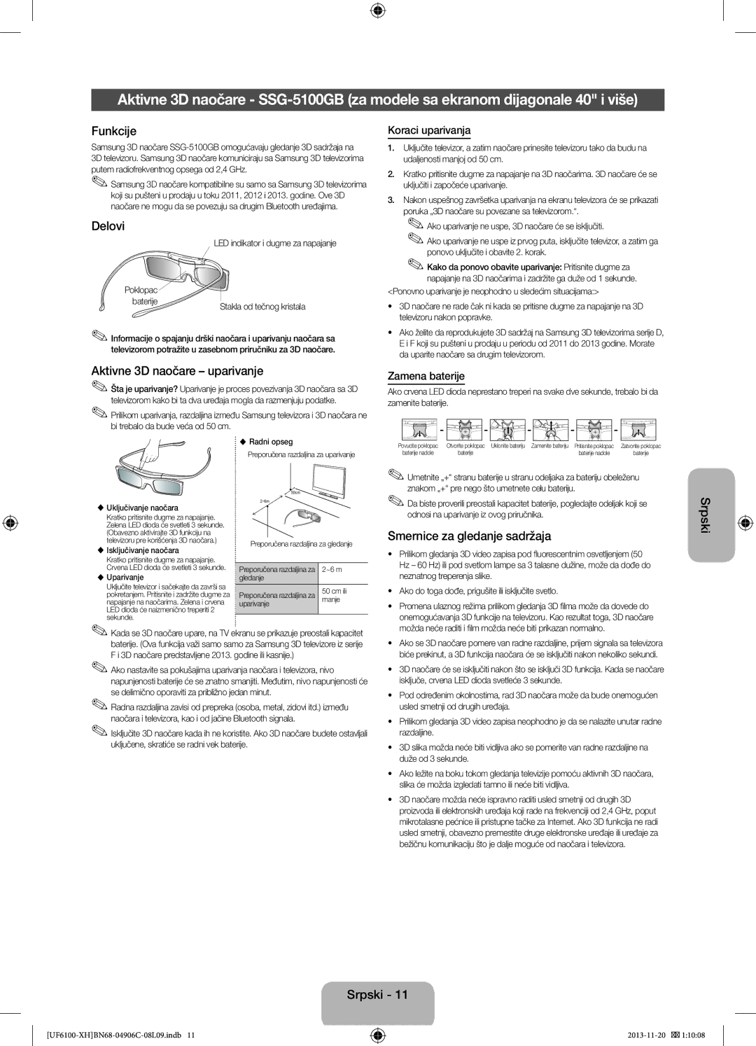 Samsung UE40F6100AWXXN manual Funkcije, Aktivne 3D naočare uparivanje, Smernice za gledanje sadržaja, Koraci uparivanja 