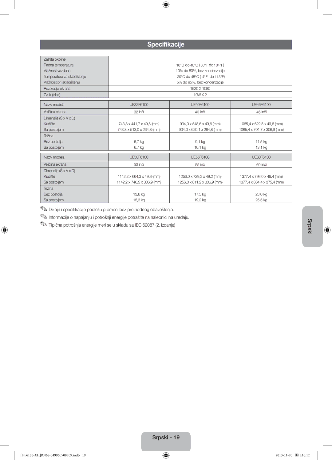 Samsung UE40F6100AWXZF Zaštita okoline Radna temperatura, Vlažnost vazduha, Temperatura za skladištenje, Rezolucija ekrana 