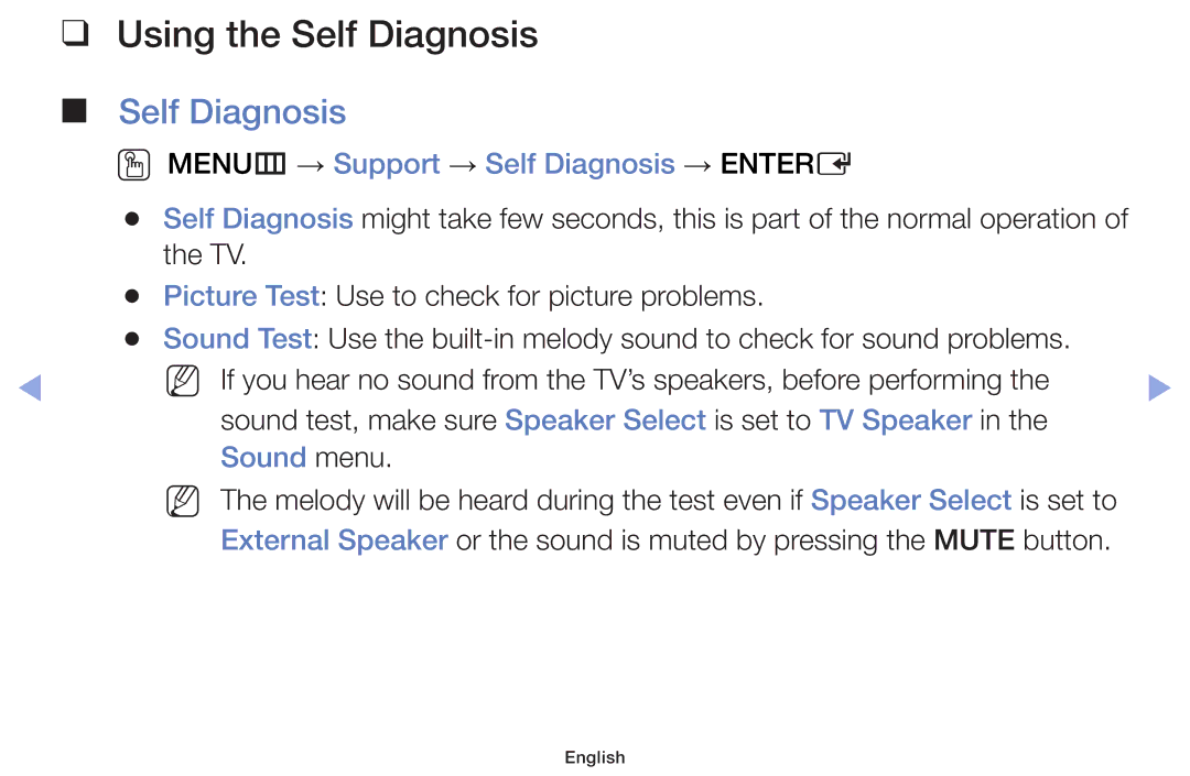 Samsung UE32F6170SSXZG, UE32F6100AWXXH Using the Self Diagnosis, OO MENUm → Support → Self Diagnosis → Entere, Sound menu 