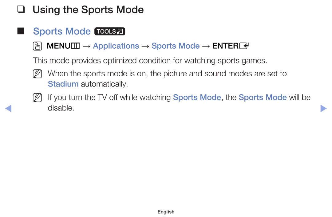 Samsung UE50F6170SSXZG manual Using the Sports Mode, Sports Mode t, OO MENUm → Applications → Sports Mode → Entere 