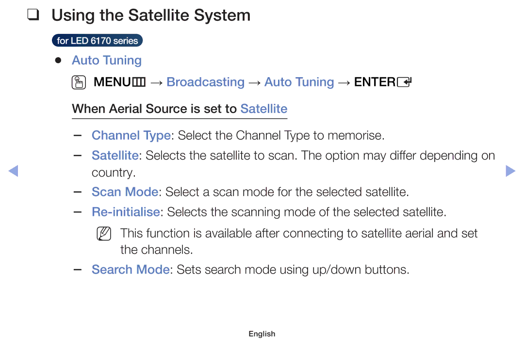 Samsung UE28F4000AWXXN, UE32F6100AWXXH Using the Satellite System, Auto Tuning MENUm → Broadcasting → Auto Tuning → Entere 