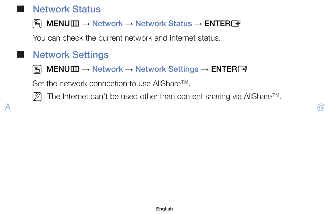 Samsung UE50F6100AWXZG, UE32F6100AWXXH, UE55F6100AWXZG Network Settings, OO MENUm → Network → Network Status → Entere 