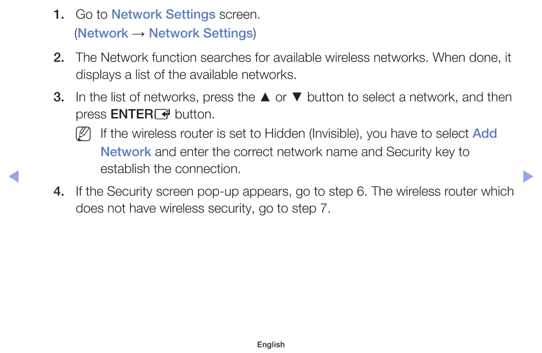 Samsung UE28F4000AWXZG, UE32F6100AWXXH, UE55F6100AWXZG manual Go to Network Settings screen. Network → Network Settings 