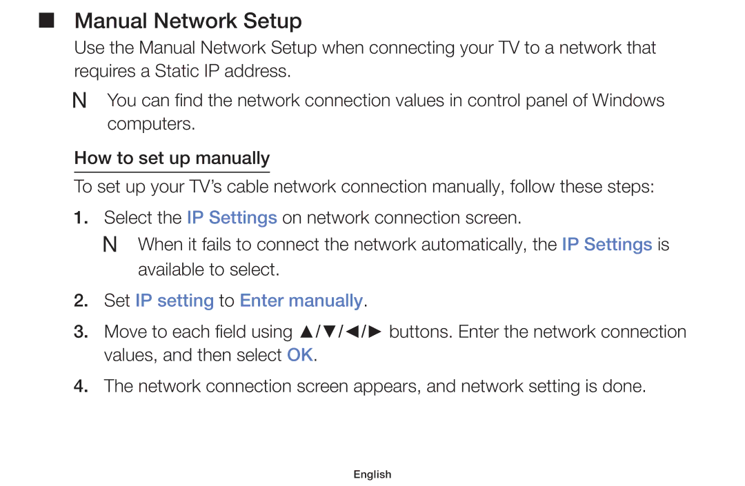 Samsung UE55F6100AWXZF, UE32F6100AWXXH, UE55F6100AWXZG Manual Network Setup, Set IP setting to Enter manually 