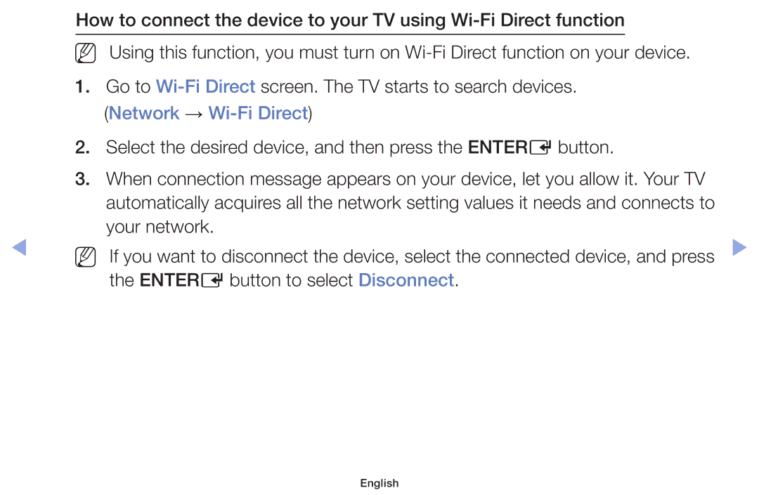 Samsung UE32F6100AKXZT, UE32F6100AWXXH Network → Wi-Fi Direct, Select the desired device, and then press the Entere button 