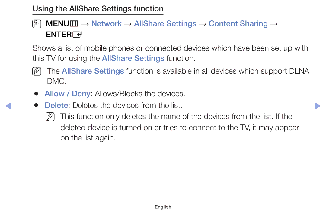 Samsung UE46F6100AWXXC, UE32F6100AWXXH, UE55F6100AWXZG manual OO MENUm → Network → AllShare Settings → Content Sharing → 