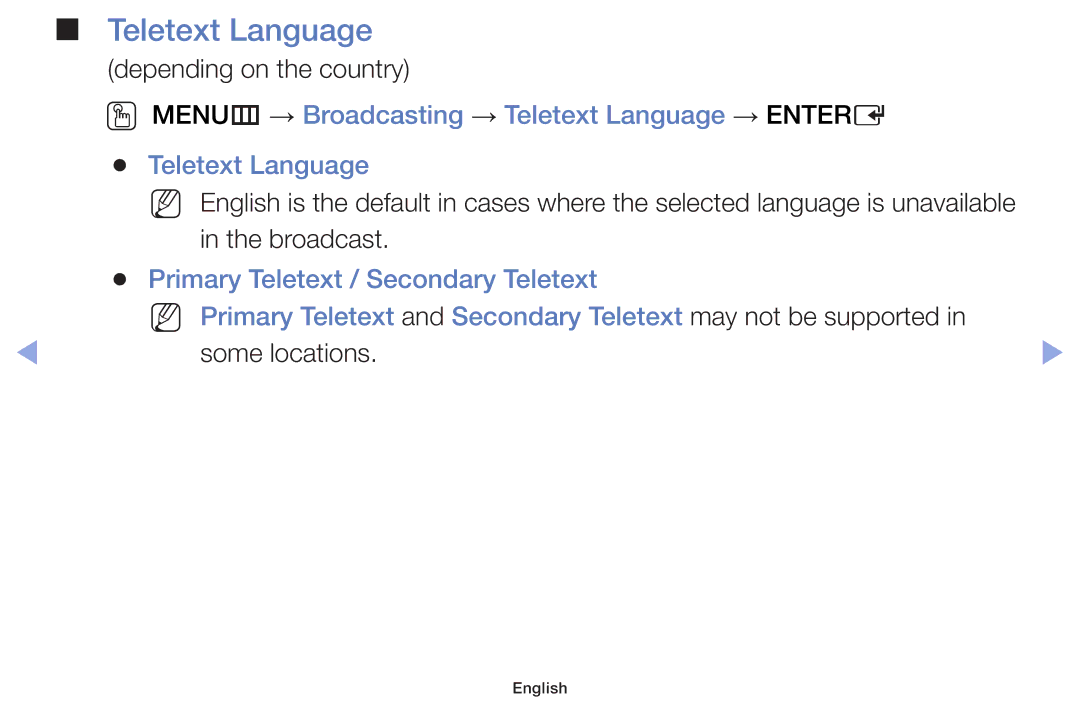 Samsung UE32F6100AWXZF, UE32F6100AWXXH, UE55F6100AWXZG manual OO MENUm → Broadcasting → Teletext Language → Entere 