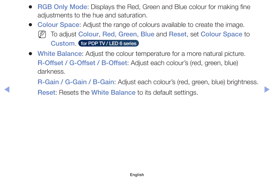 Samsung UE22F5000AKXZT, UE32F6100AWXXH, UE55F6100AWXZG manual Reset Resets the White Balance to its default settings 