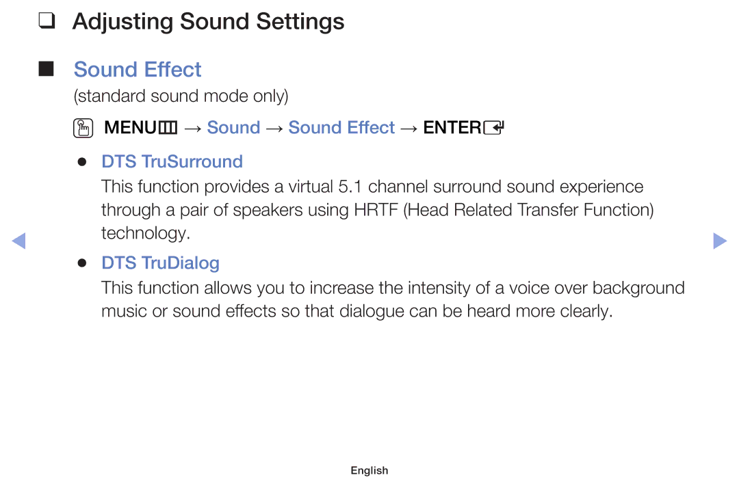 Samsung UE28F4000AWXXC manual Adjusting Sound Settings, OO MENUm → Sound → Sound Effect → Entere DTS TruSurround 