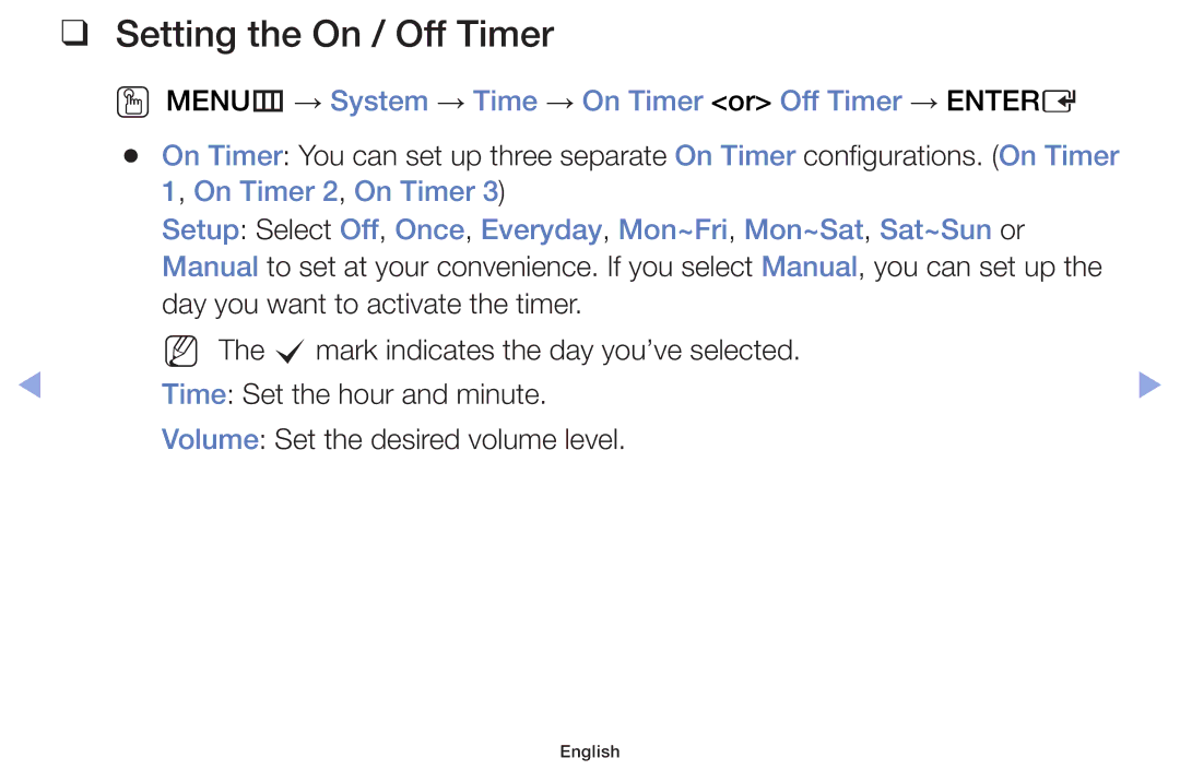 Samsung UE46F6100AWXBT manual Setting the On / Off Timer, OO MENUm → System → Time → On Timer or Off Timer → Entere 