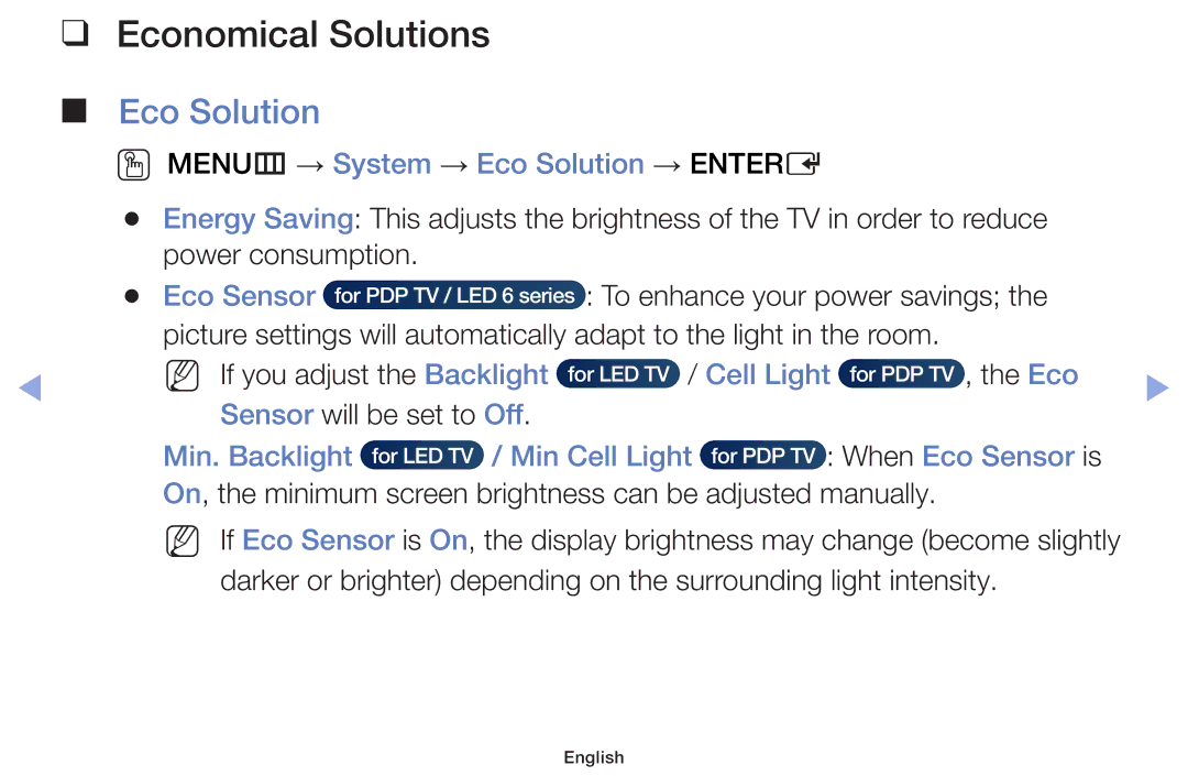 Samsung UE55F6105AKXXE, UE32F6100AWXXH Economical Solutions, OO MENUm → System → Eco Solution → Entere, Eco Sensor 