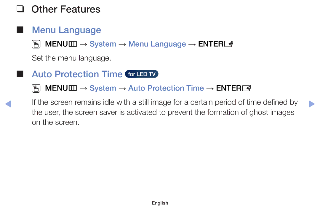 Samsung UE28F4005AWXXE, UE32F6100AWXXH, UE55F6100AWXZG Auto Protection Time, OO MENUm → System → Menu Language → Entere 