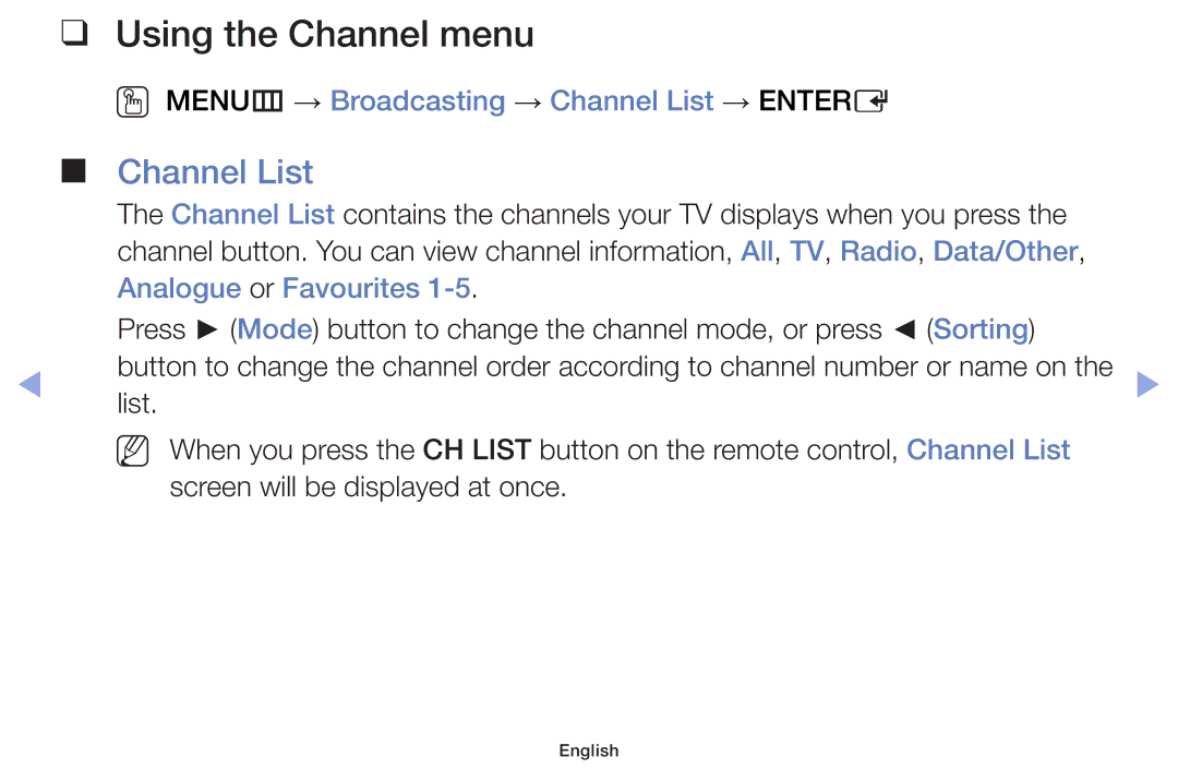 Samsung UE40F6100AWXXC, UE32F6100AWXXH manual Using the Channel menu, OO MENUm → Broadcasting → Channel List → Entere 