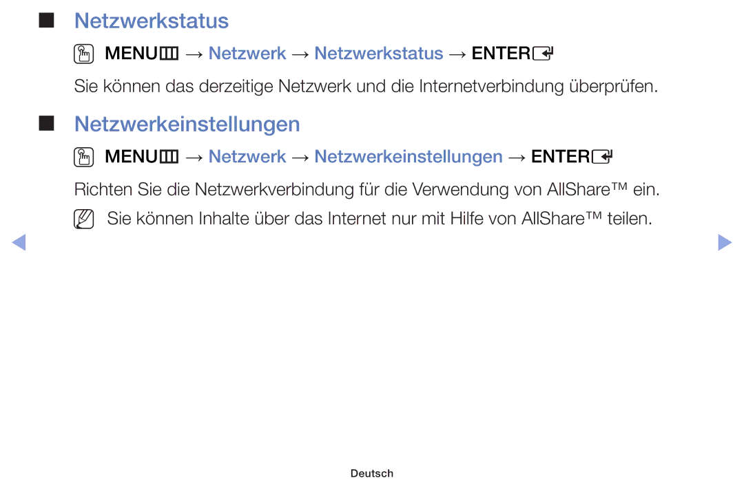 Samsung UE40F6100AWXTK, UE32F6100AWXXH manual Netzwerkeinstellungen, OO MENUm → Netzwerk → Netzwerkstatus → Entere 