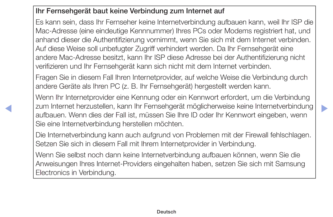 Samsung UE46F6100AWXZF, UE32F6100AWXXH, UE55F6100AWXZG manual Ihr Fernsehgerät baut keine Verbindung zum Internet auf 