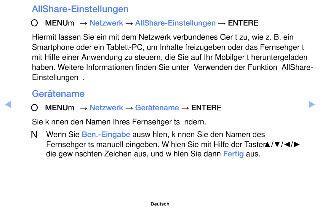 Samsung UE40F6100AWXXH, UE32F6100AWXXH manual Gerätename, OO MENUm → Netzwerk → AllShare-Einstellungen → Entere 