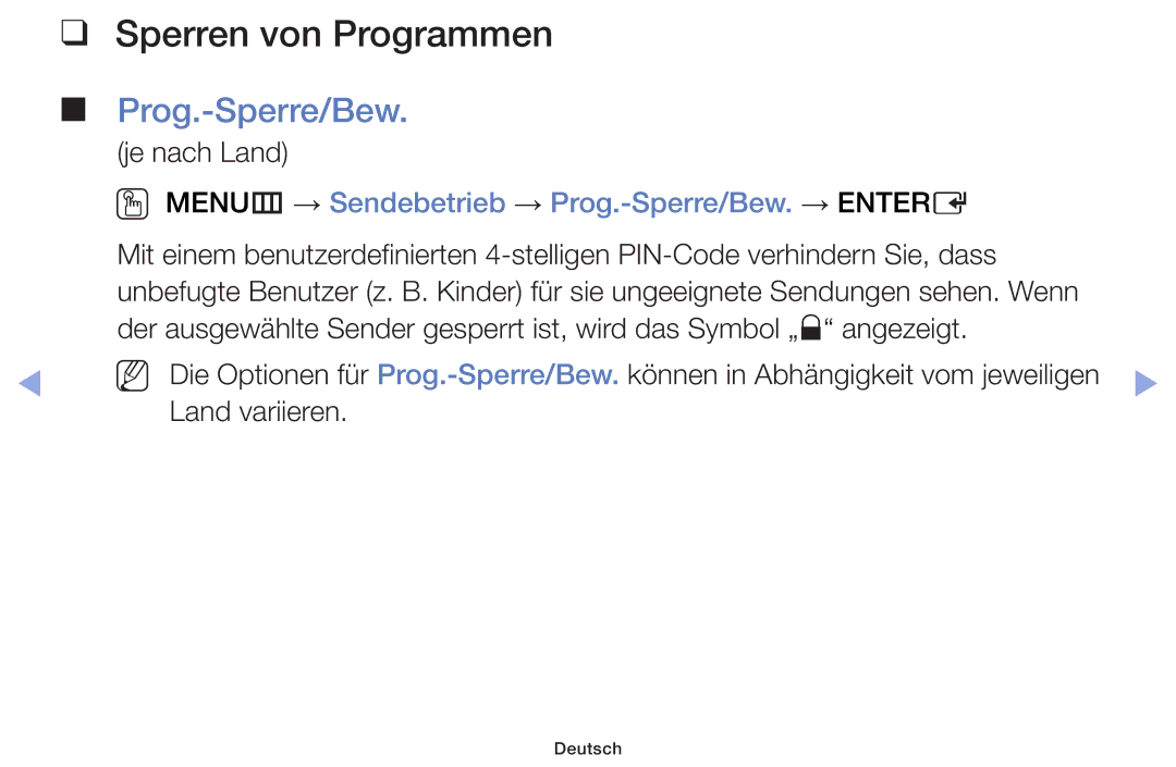 Samsung UE40F6100AWXZG manual Sperren von Programmen Prog.-Sperre/Bew, OO MENUm → Sendebetrieb → Prog.-Sperre/Bew. → Entere 